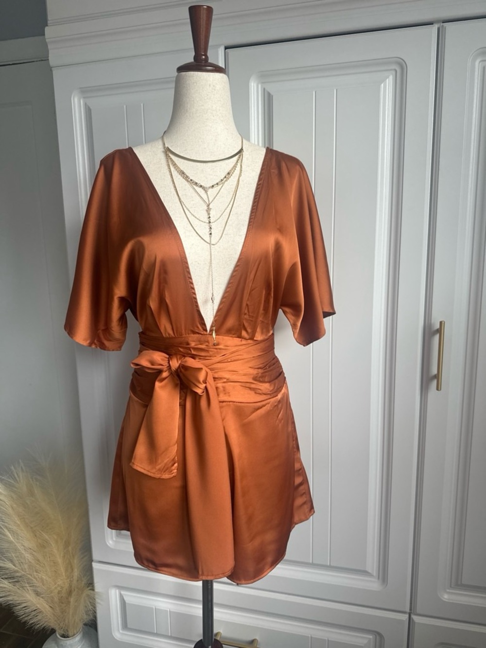 Forever 21 Copper Satin Deep V Romper